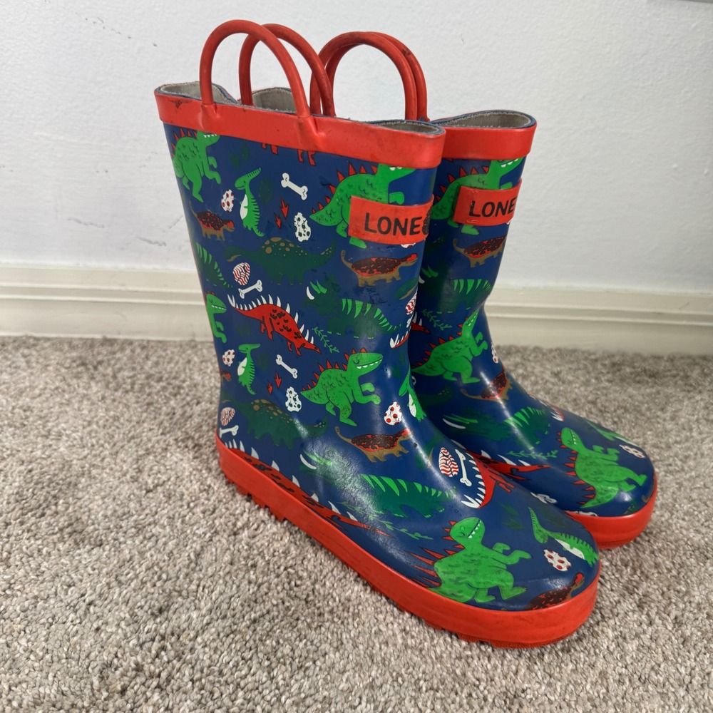 Lone Cone Kids Dinosaur Rubber Rain Boots Navy Blue Red Size 4 Big Kid